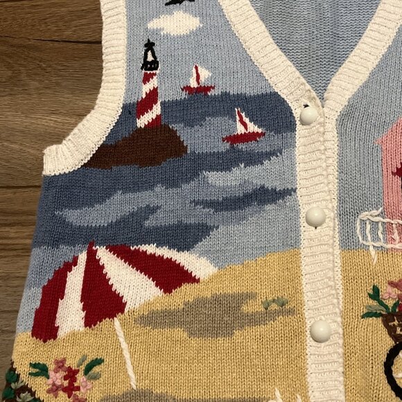 Capacity Beach Sweater Vest SZ Small Button Up Lighthouse Summer Cottage - Picture 5 of 10